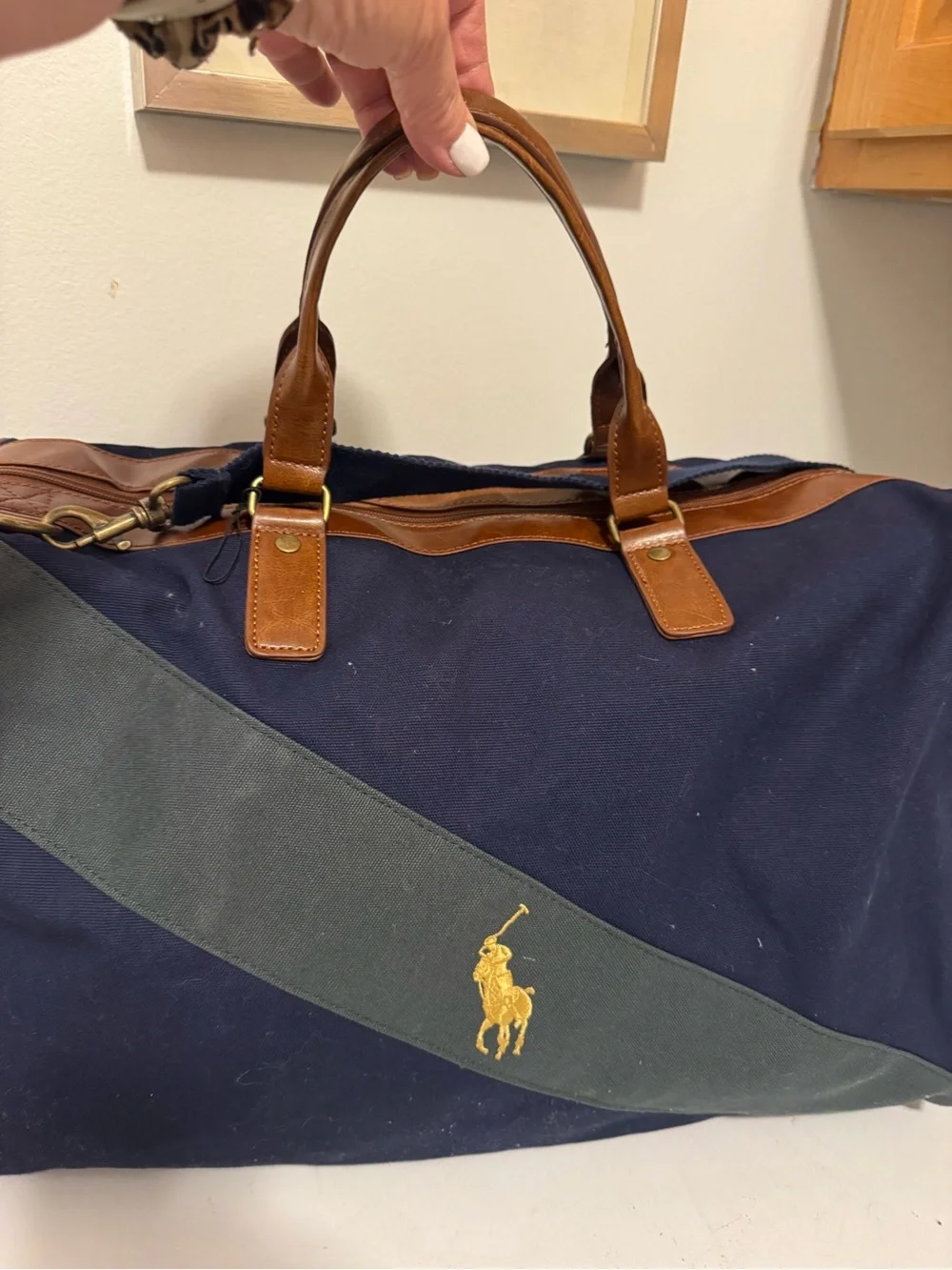 VTG‎ Ralph Lauren Navy Canvas Duffel with Brown Leather Trim and Yellow Logo